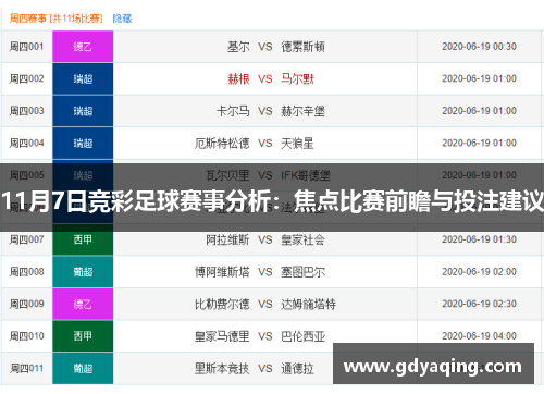 11月7日竞彩足球赛事分析：焦点比赛前瞻与投注建议
