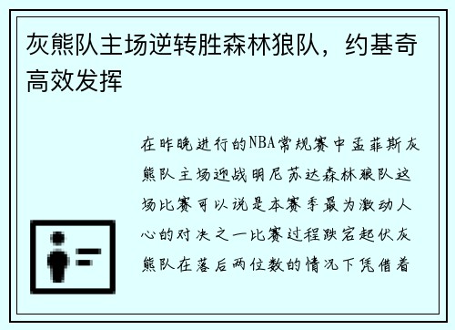 灰熊队主场逆转胜森林狼队，约基奇高效发挥
